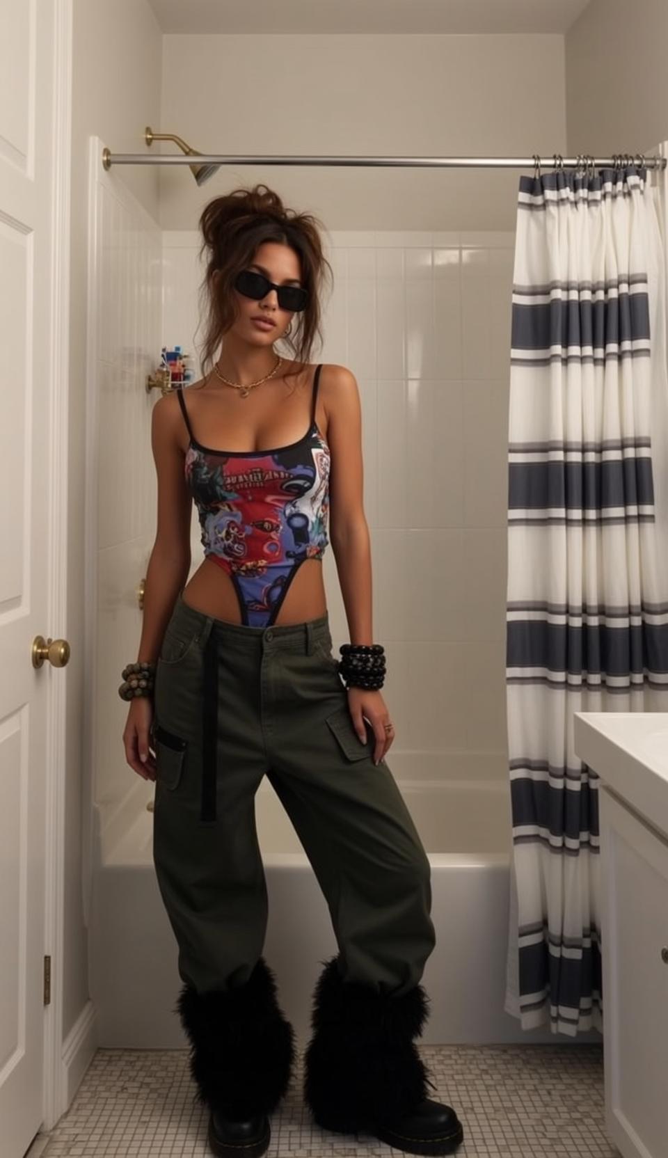 Bathroom Candid Graphic Bodysuit Cargo Pants