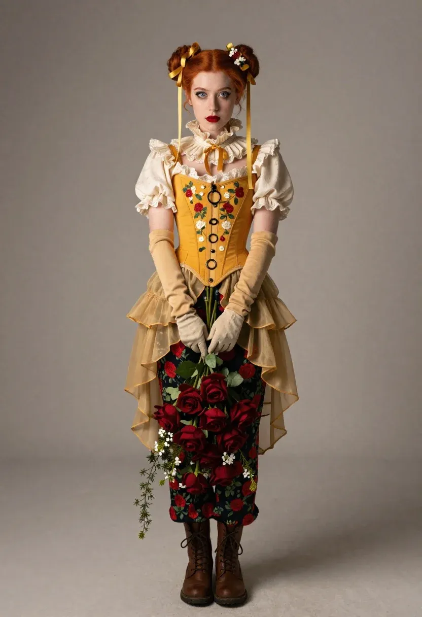 Full Body Portrait Young Woman With Red Hair Buns Victorian-inspired