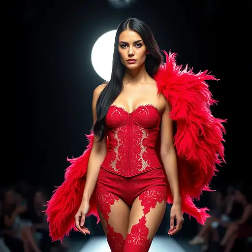 A confident female model with long black hair in a vibrant red lace corset and feathered cape walking down a dark runway, illuminated by glowing lights.