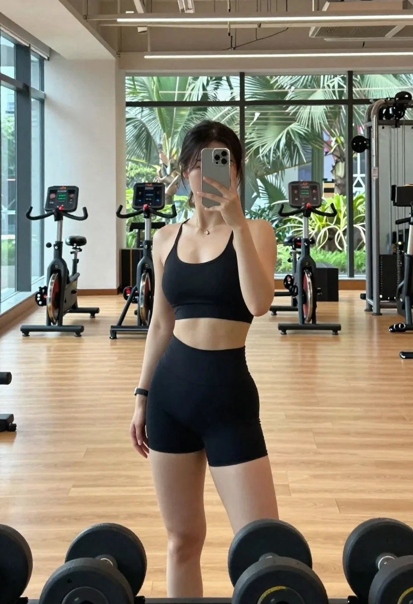 Woman Takes Mirror Selfie Gym While Holding Smartphone Subject Fit reference photo