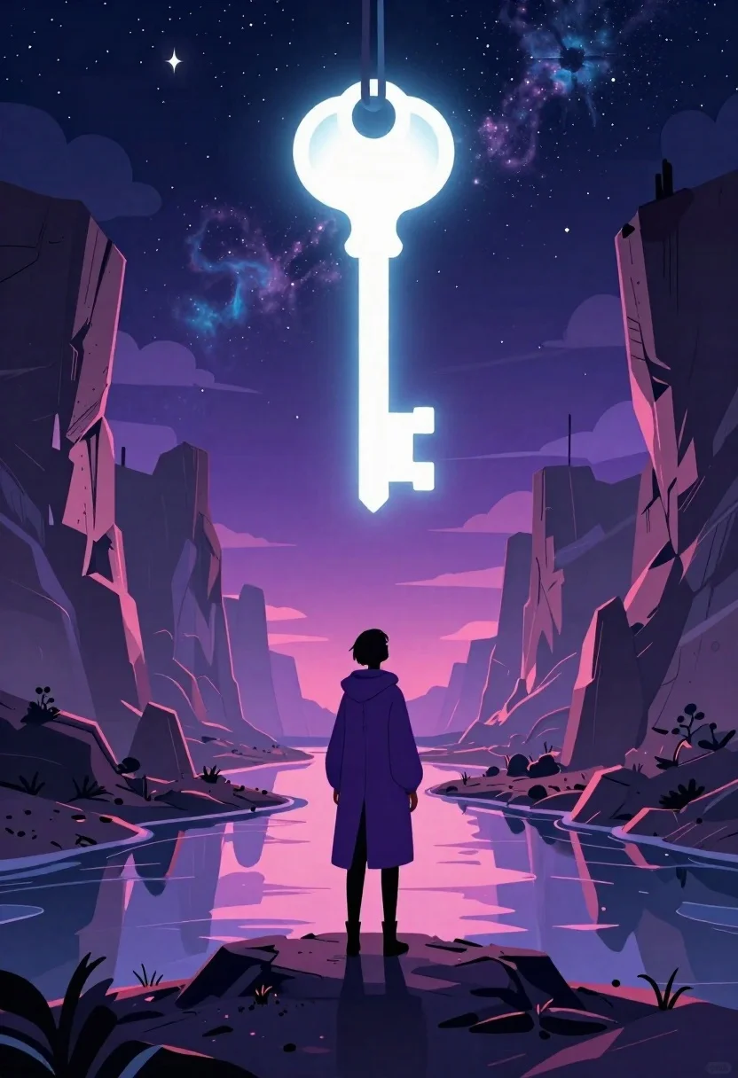 Digital Illustration Surreal Landscape Featuring Solitary Figure Gazing Giant Glowing reference photo