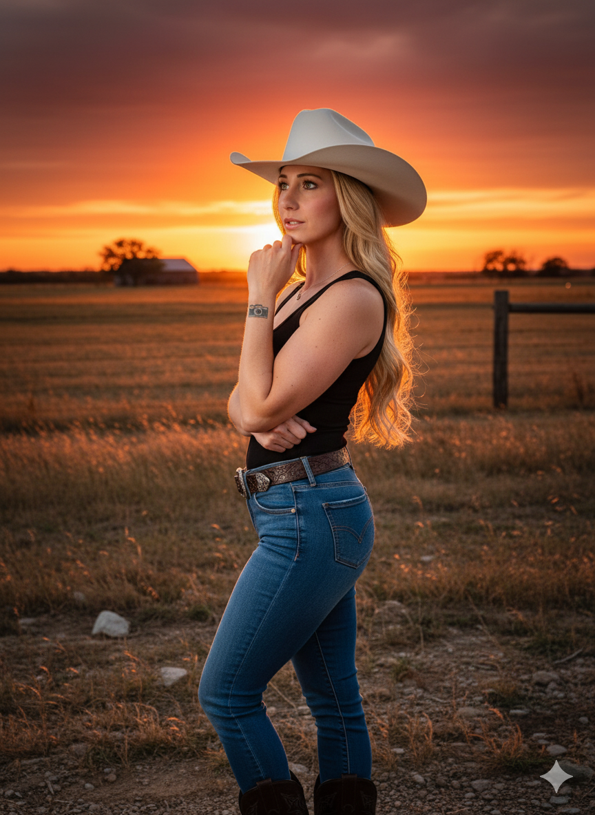 A beautiful young woman in a black tank top and blue jeans, posed outdoors at sunset, highlighting her long blonde hair with golden backlight.