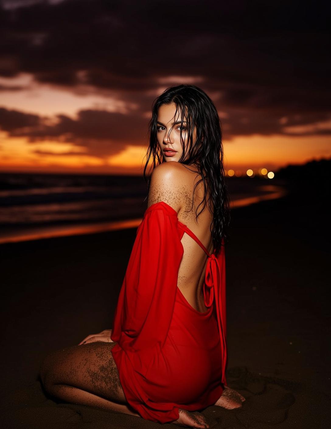 Red Dress Moody Beach Sunset