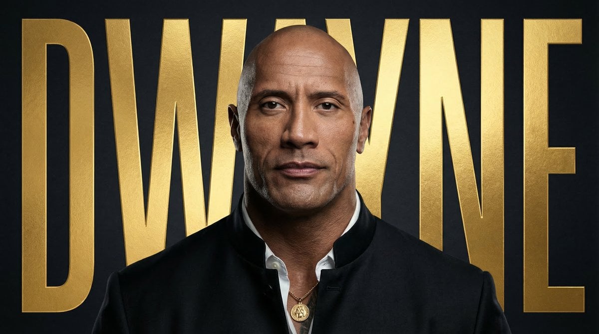 Cinematic portrait of a confident man in a black tailored suit with dramatic lighting, dark background, and metallic typography