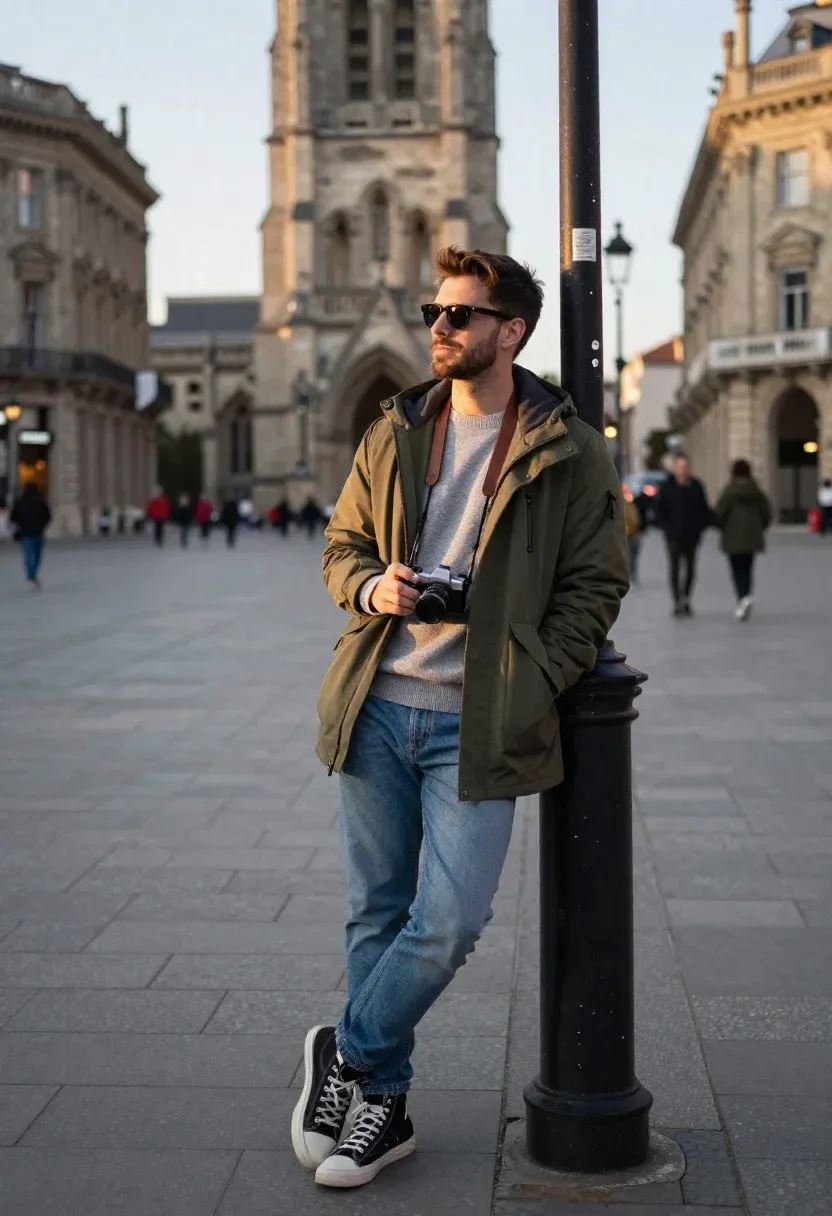 Cinematic Street Photography Shot Stylish Man Leaning Casually Against Black