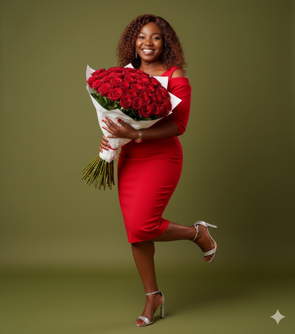 A joyful young woman in a fitted red dress holding a large bouquet of red roses, smiling elegantly in a green olive studio.