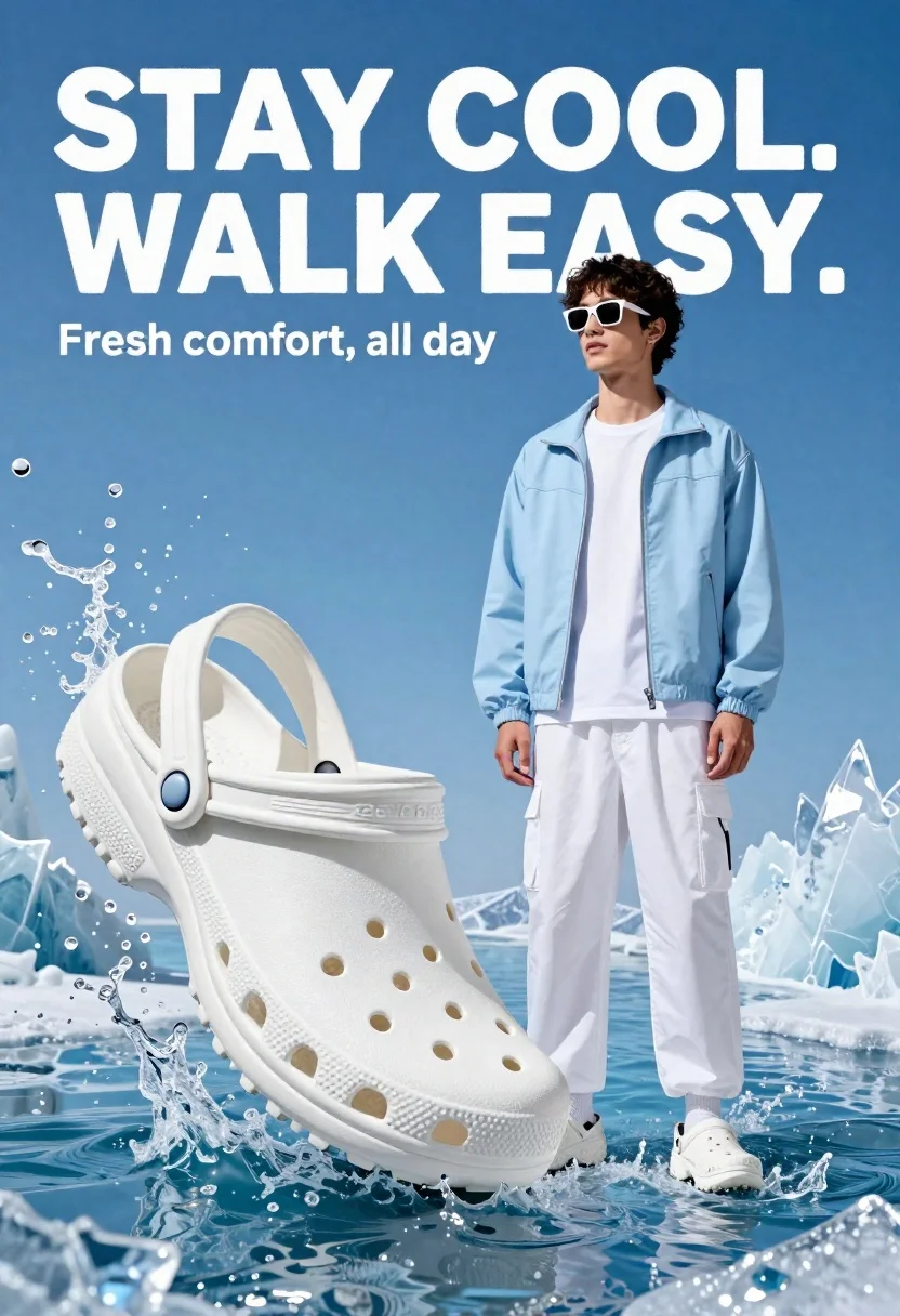 A confident young man stands in white Crocs against vibrant blue water and ice shards, illuminated by bright high-key lighting.