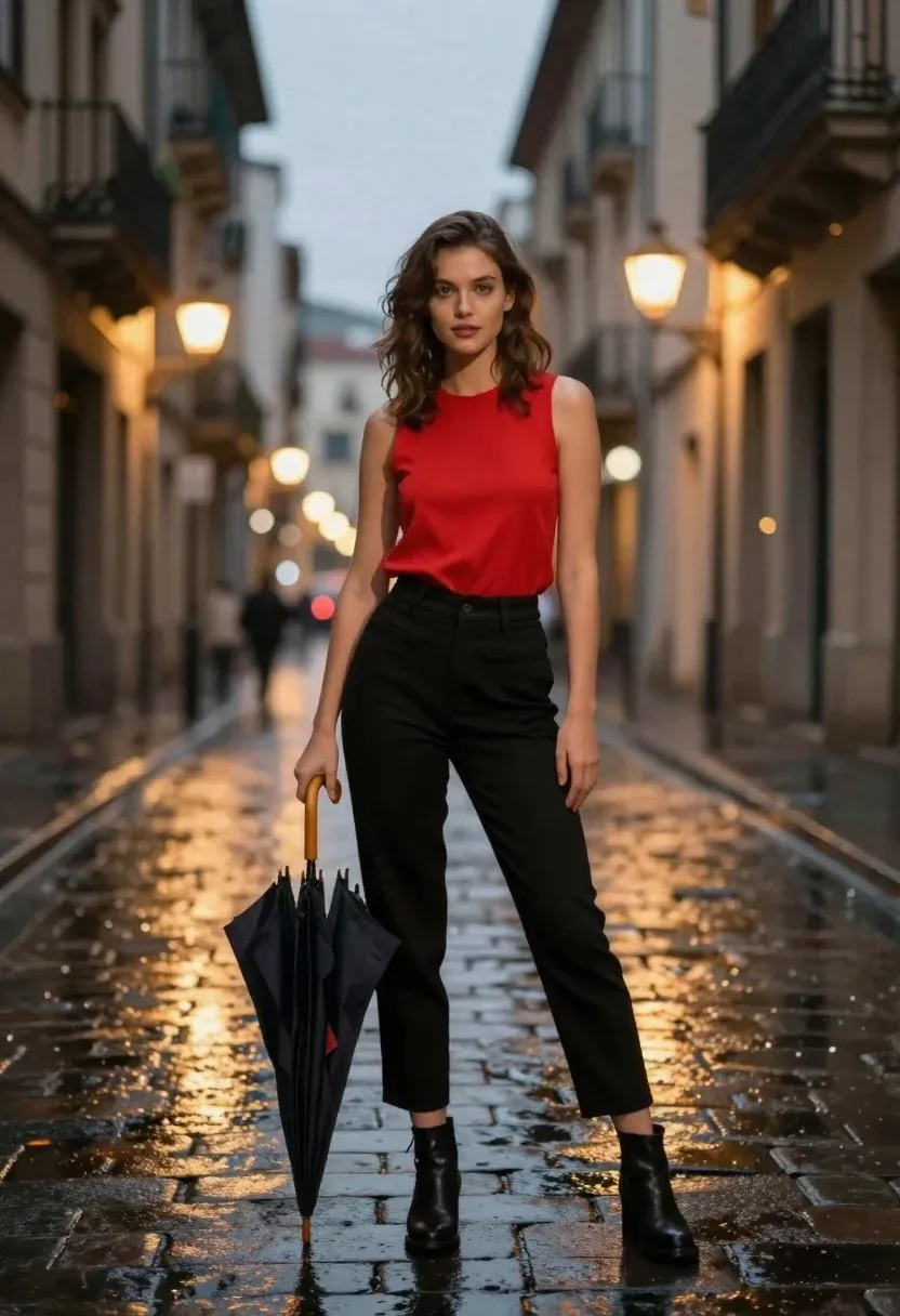 Confident Young Woman Stands The Center Wet Cobblestone Street Dusk