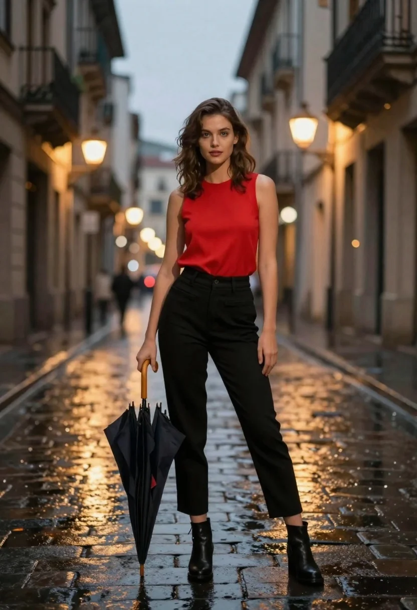 A confident young woman stands at dusk on a wet cobblestone street, illuminated by soft ambient lights and streetlamps.
