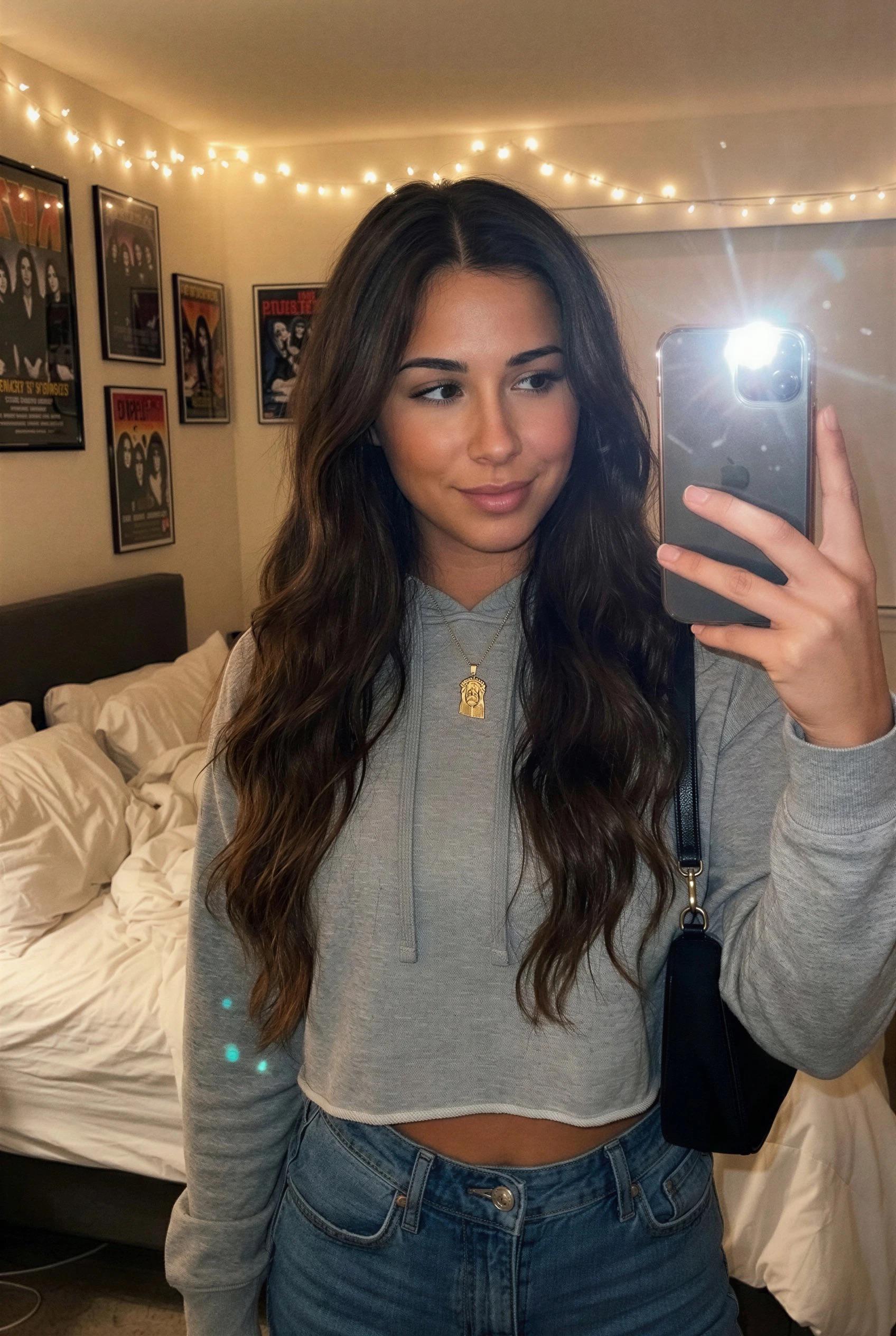 Mirror Selfie Grey Hoodie Denim Jeans Bedroom