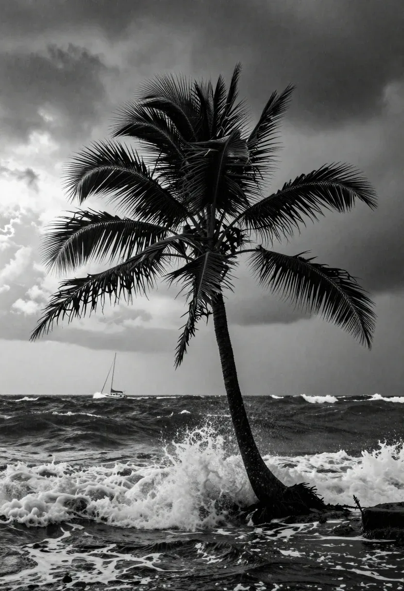 Dramatic Black-and-white Seascape Featuring Lone Palm Tree Battling Violent Storm