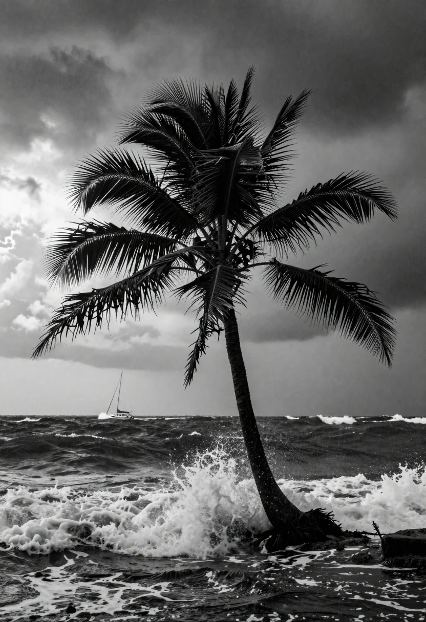 A lone palm tree silhouetted against a dark, stormy ocean, with waves crashing and rain pouring.