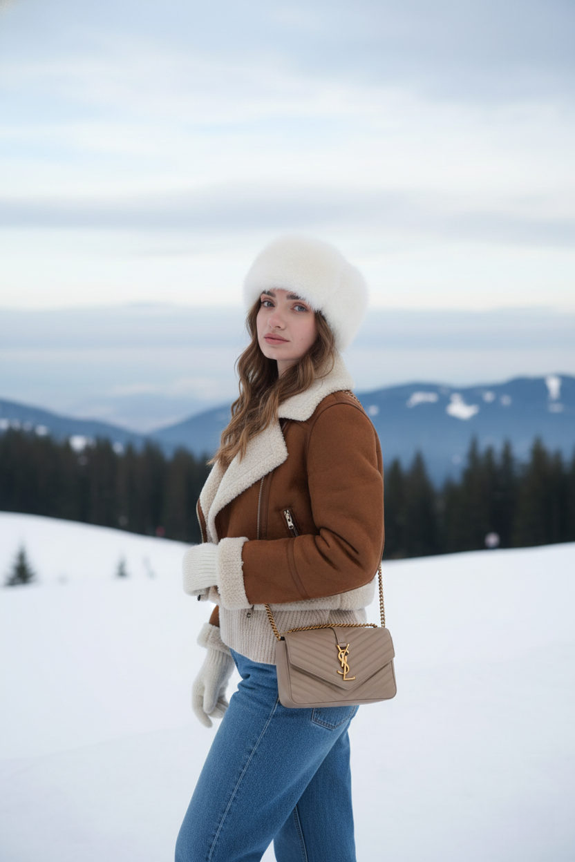 A woman on a mountain terrace wearing a brown shearling jacket, light sweater, and blue jeans, gazing confidently at the camera with snowy hills behind her.