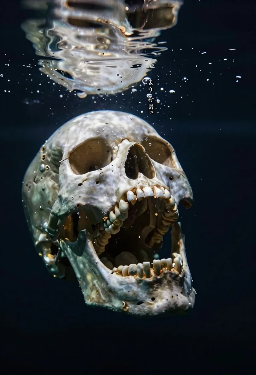 Subject Pale Human Skull With Open Mouth Submerged Underwater Action reference photo