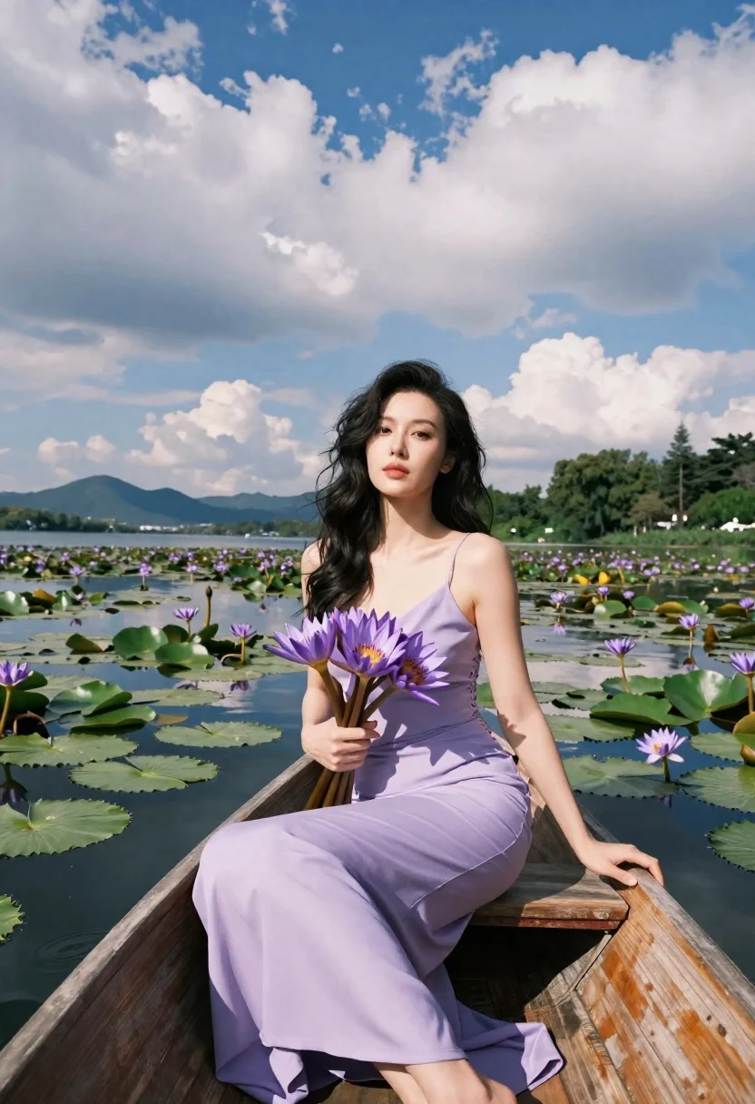 Serene Portrait Woman Sitting Wooden Boat Lake Filled With Lily
