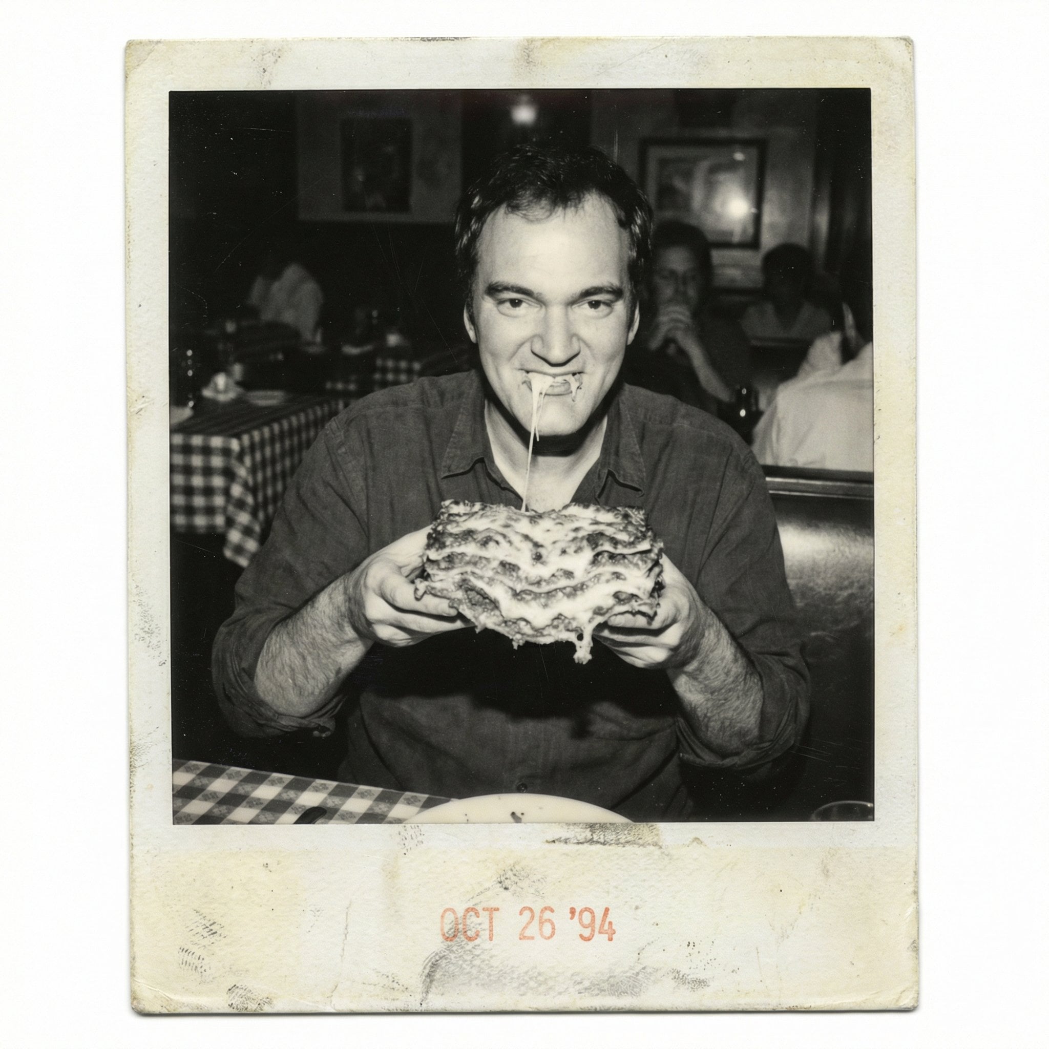 A smiling person holding a large slice of lasagna at a dimly lit restaurant table with a checkered tablecloth.