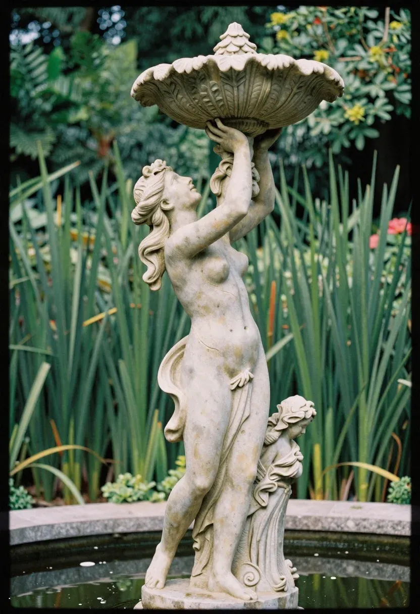 Whimsical Garden Fountain Featuring Statue Woman With Flowing Hair Reaching