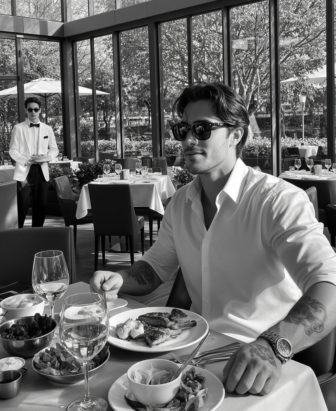 Explore Seated Table Restaurant His Body Angled