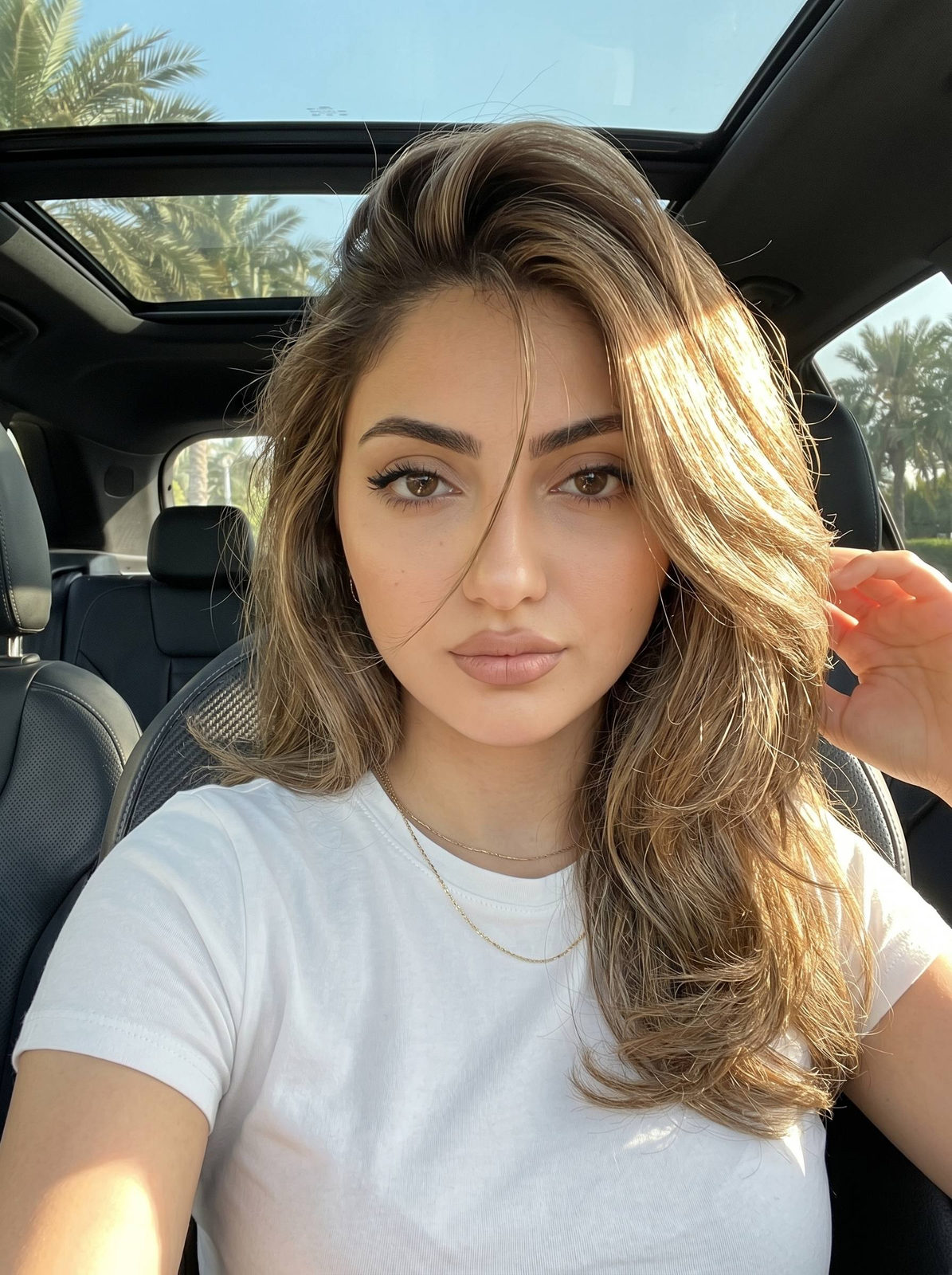Photorealistic close-up of a woman in a white T-shirt inside a modern car, showcasing her voluminous brown hair and calm expression.