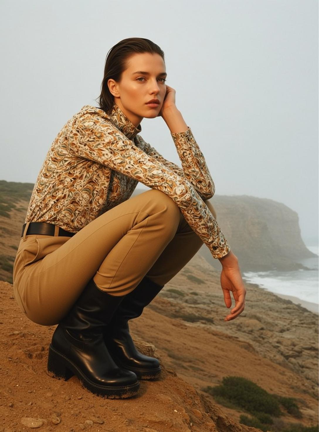 Explore Crouched Low Sandy Rocky Incline Facing