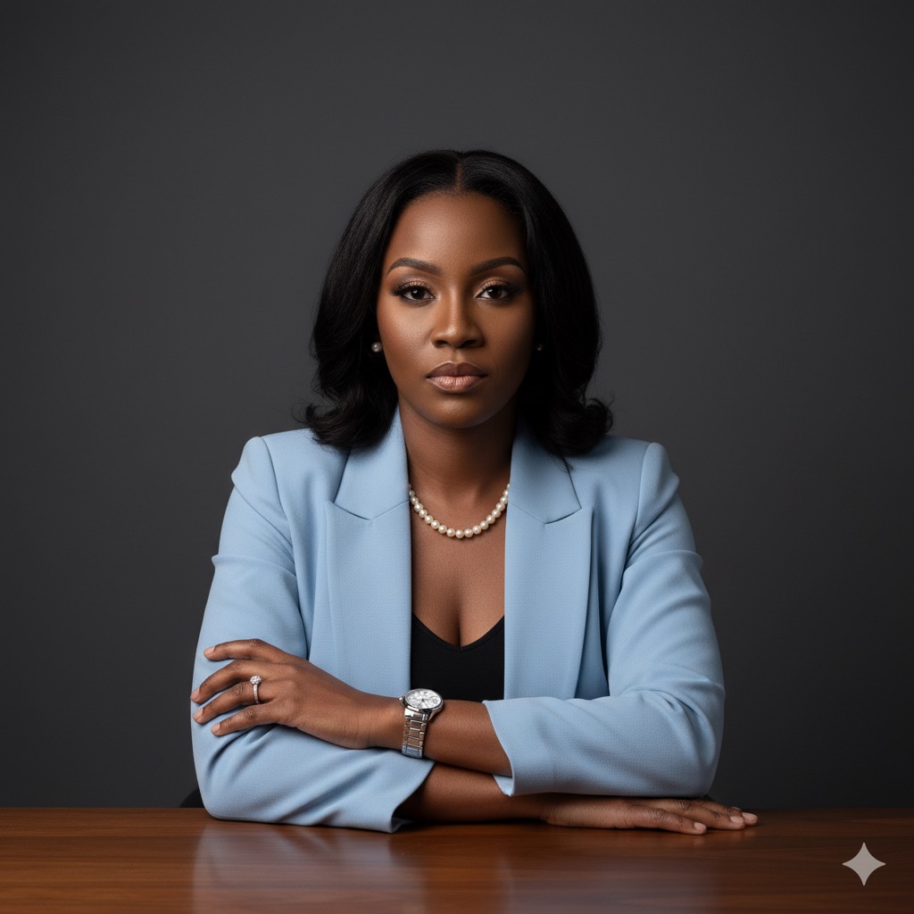 Elegant African woman in a tailored light blue blazer, confidently seated at a table, with subtle makeup and serious expression against a dark background.