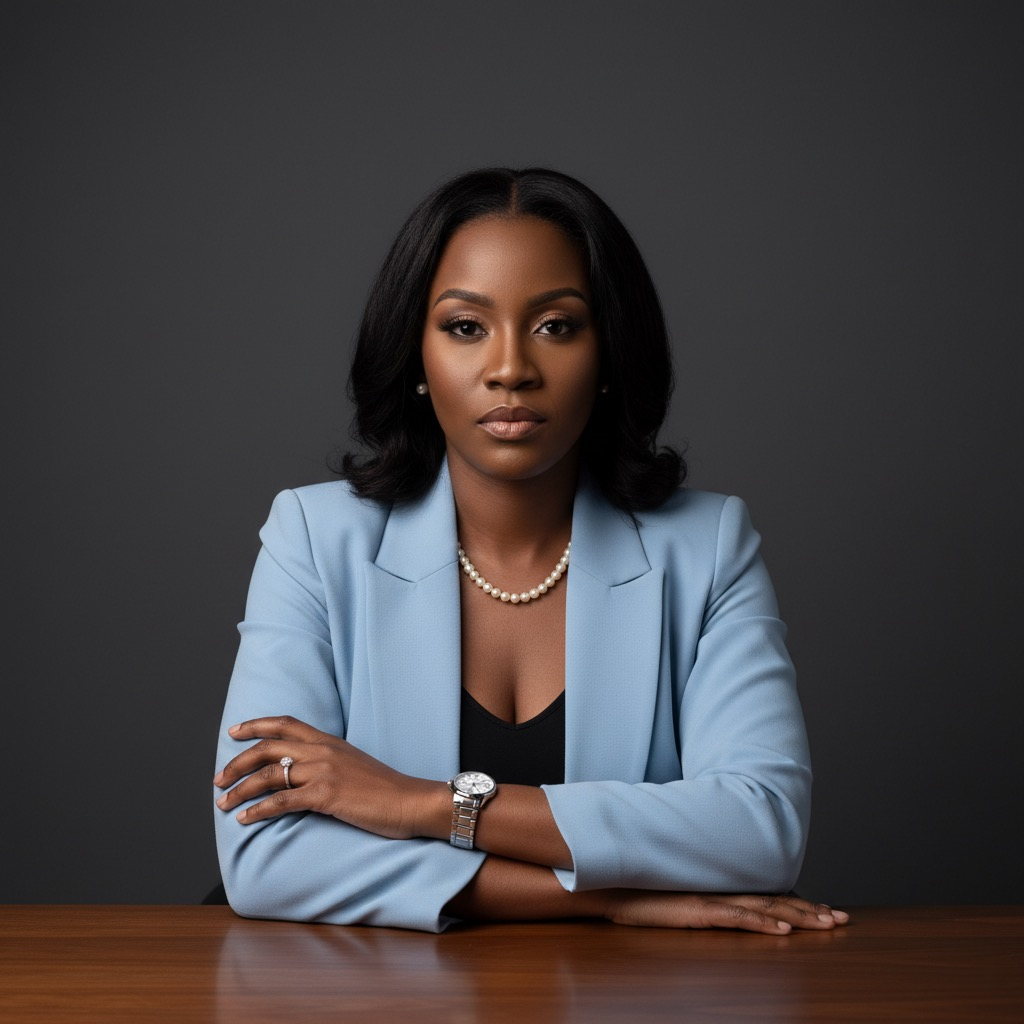 Elegant African woman in a tailored light blue blazer, confidently seated at a table, with subtle makeup and serious expression against a dark background.