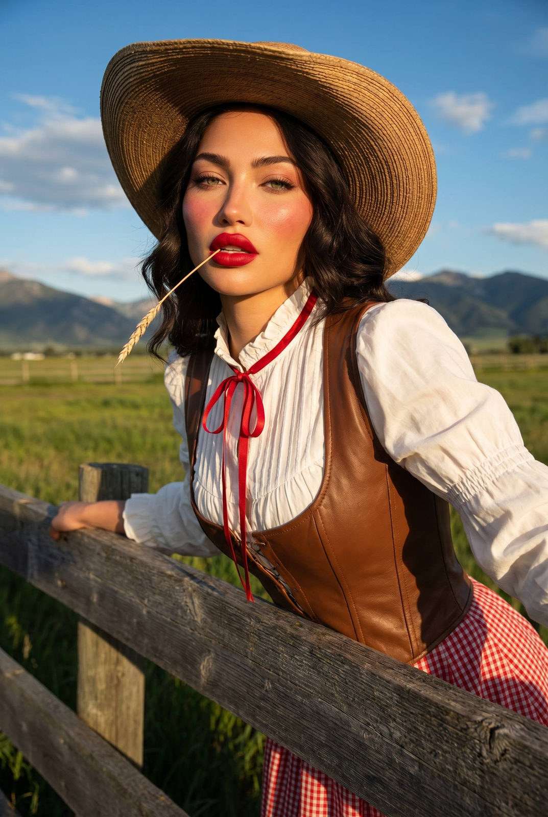 Cinematic portrait of a woman in a white prairie blouse leaning on a ranch fence under golden hour sunlight.