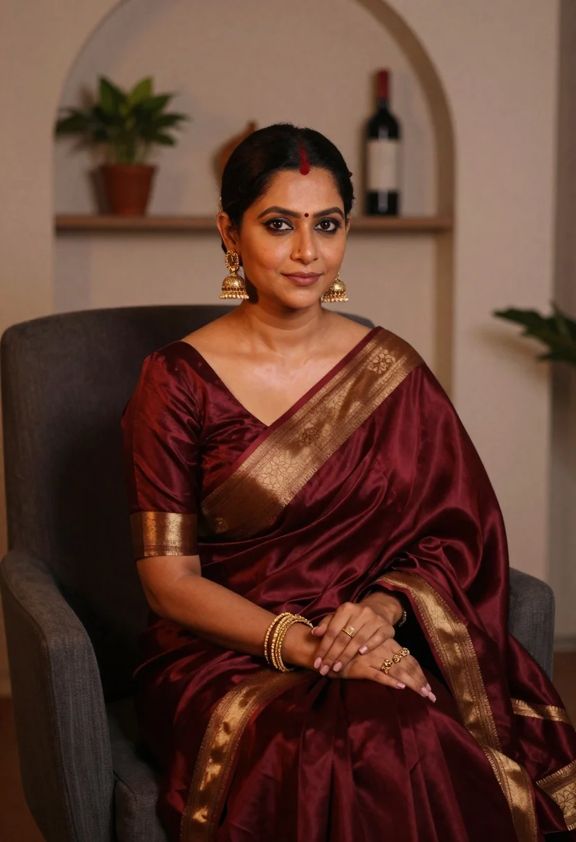 Woman Sits Gracefully Dark Armchair Wearing Rich Maroon Silk Saree reference photo