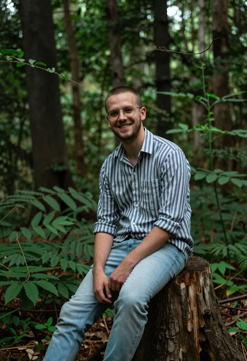 Young Man With Glasses Sits Casually Large Tree Stump Lush