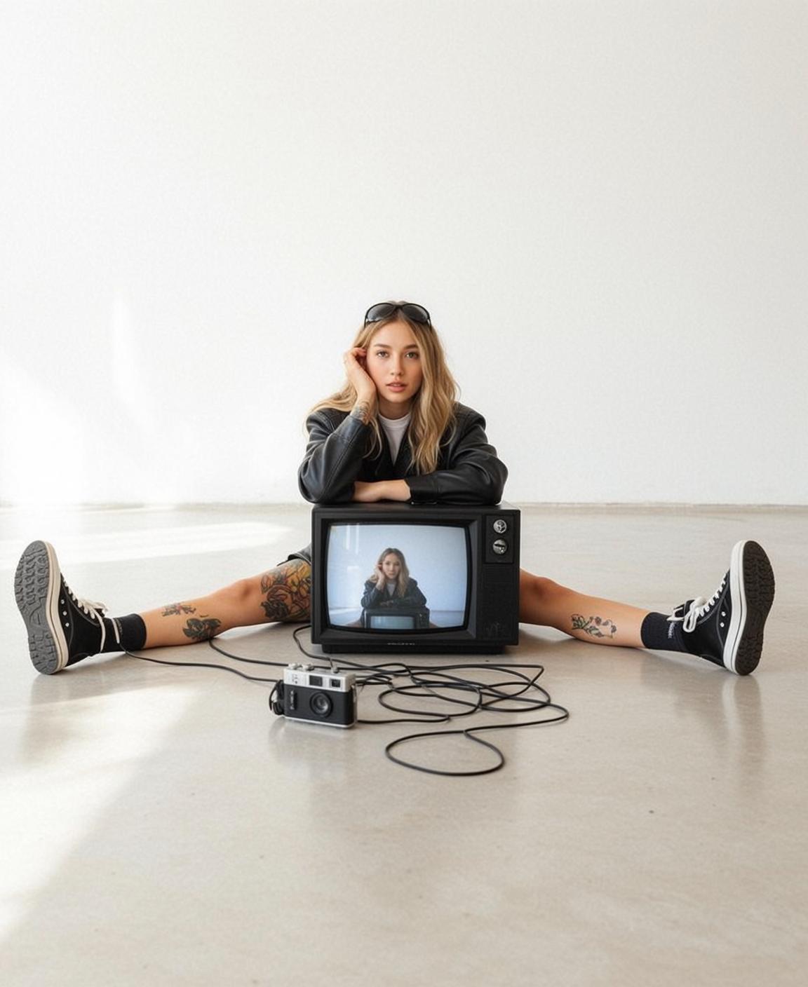 Leather Jacket Television Floor Pose