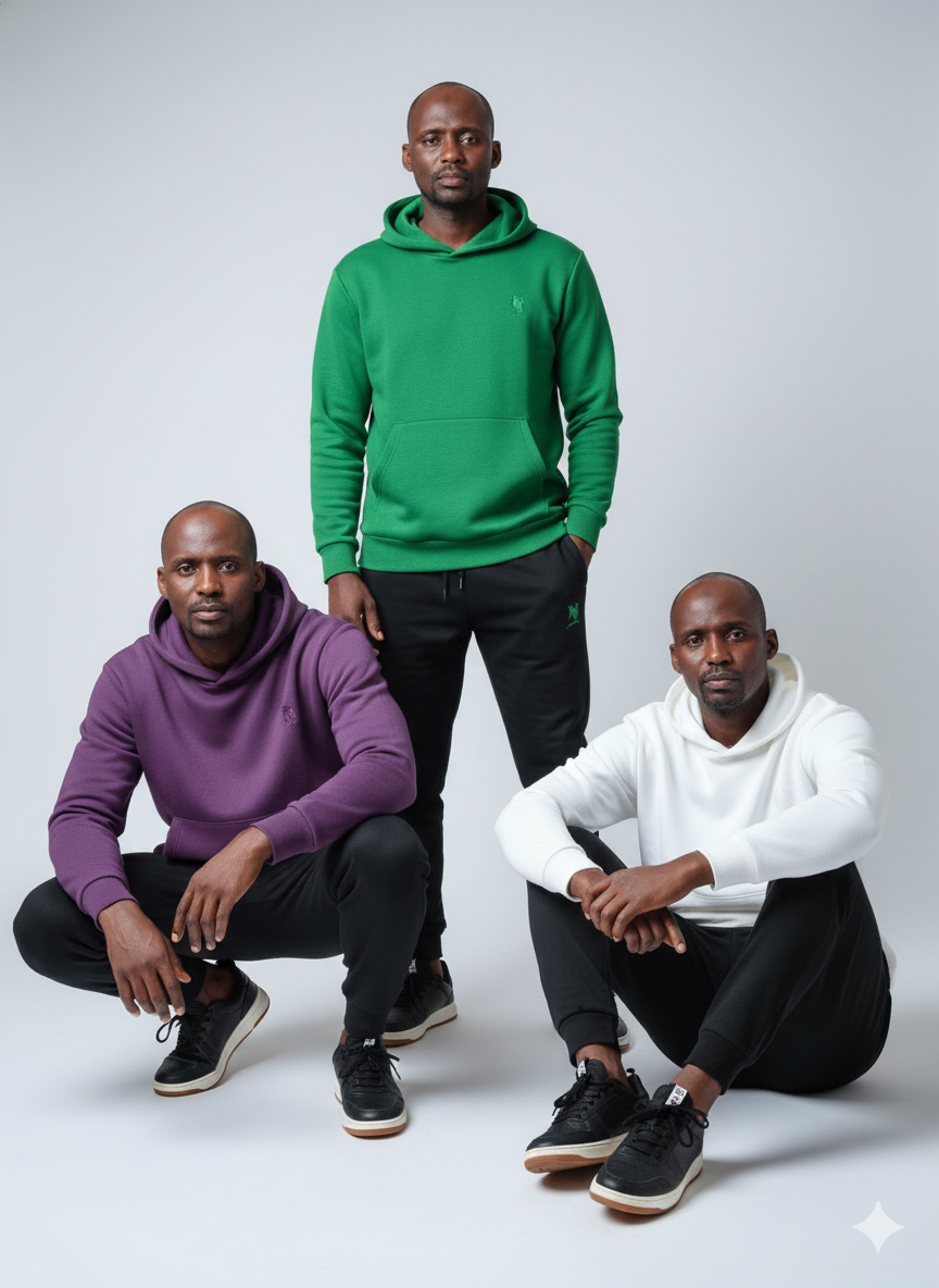 Three figures in modern athletic outfits: purple tracksuit, green tracksuit, and white tracksuit, set against a light-gray background.