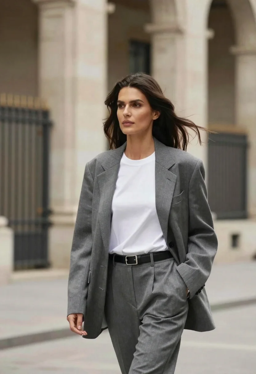 Woman With Dark Hair Blowing The Wind Walks Past Blurred reference photo