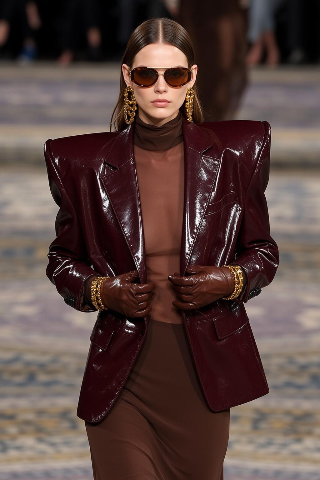Burgundy Blazer Runway Model Neutral Gaze