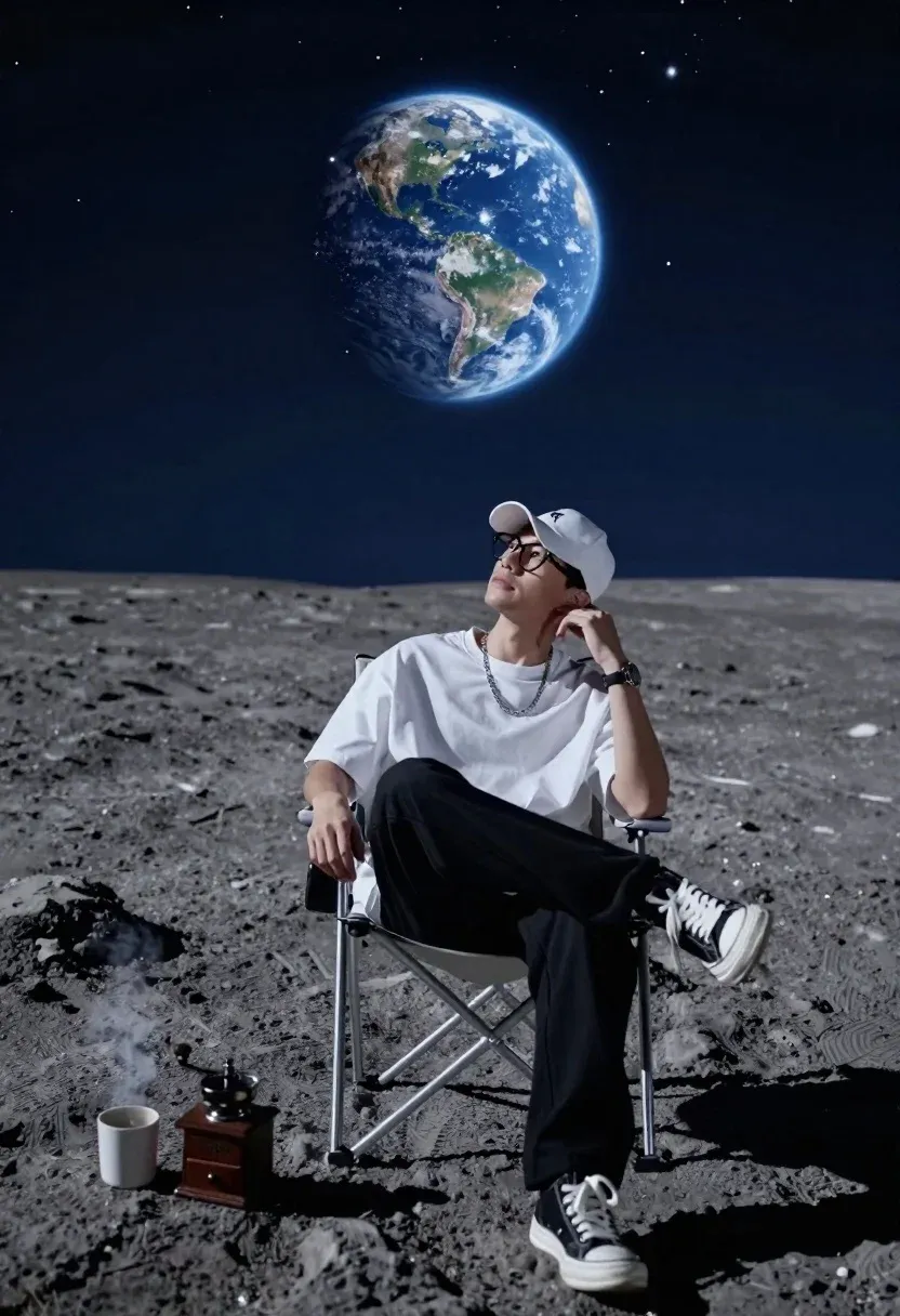 Young Man Sits Folding Chair The Lunar Surface With Earth