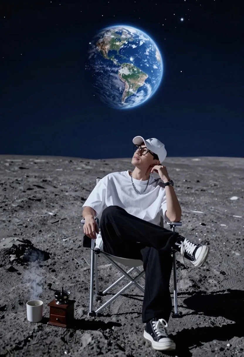 A young man seated in a folding chair on the lunar surface, with Earth glowing in a starry sky above.