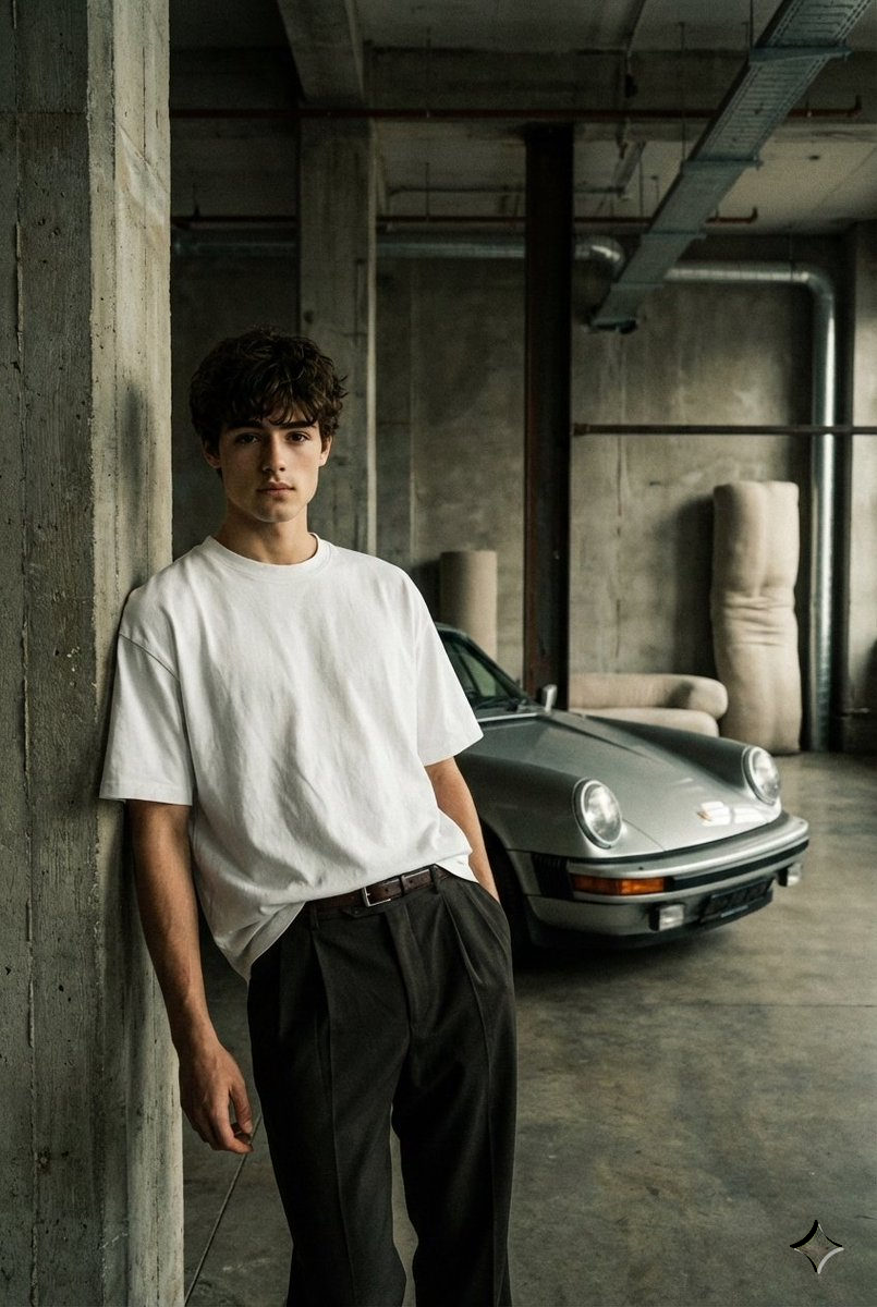 A dynamic moody portrait of a model in oversized t-shirt tucked into smart trousers, with a classic Porsche in the background.