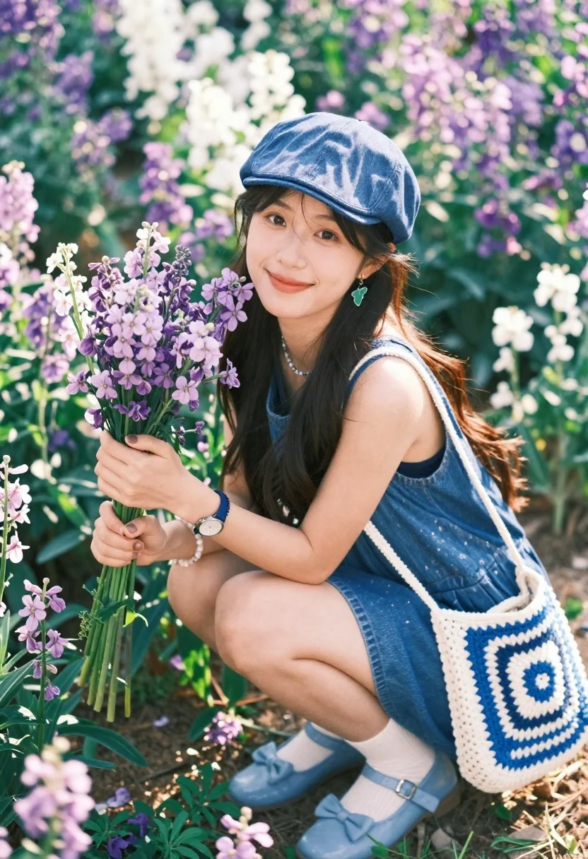 A young woman crouching in a lush field, holding a bouquet of purple flowers surrounded by white blossoms.