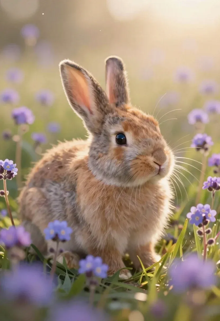 Soft And Dreamy Photo Small Rabbit Nestled Tall Purple Wildflowers