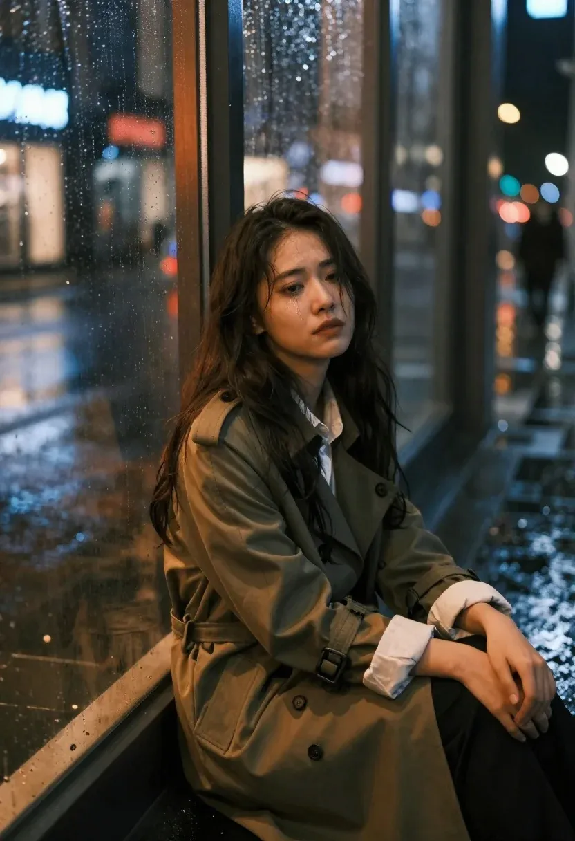 Young Woman With Long Dark Hair Sits Slumped Against Rain-splattered
