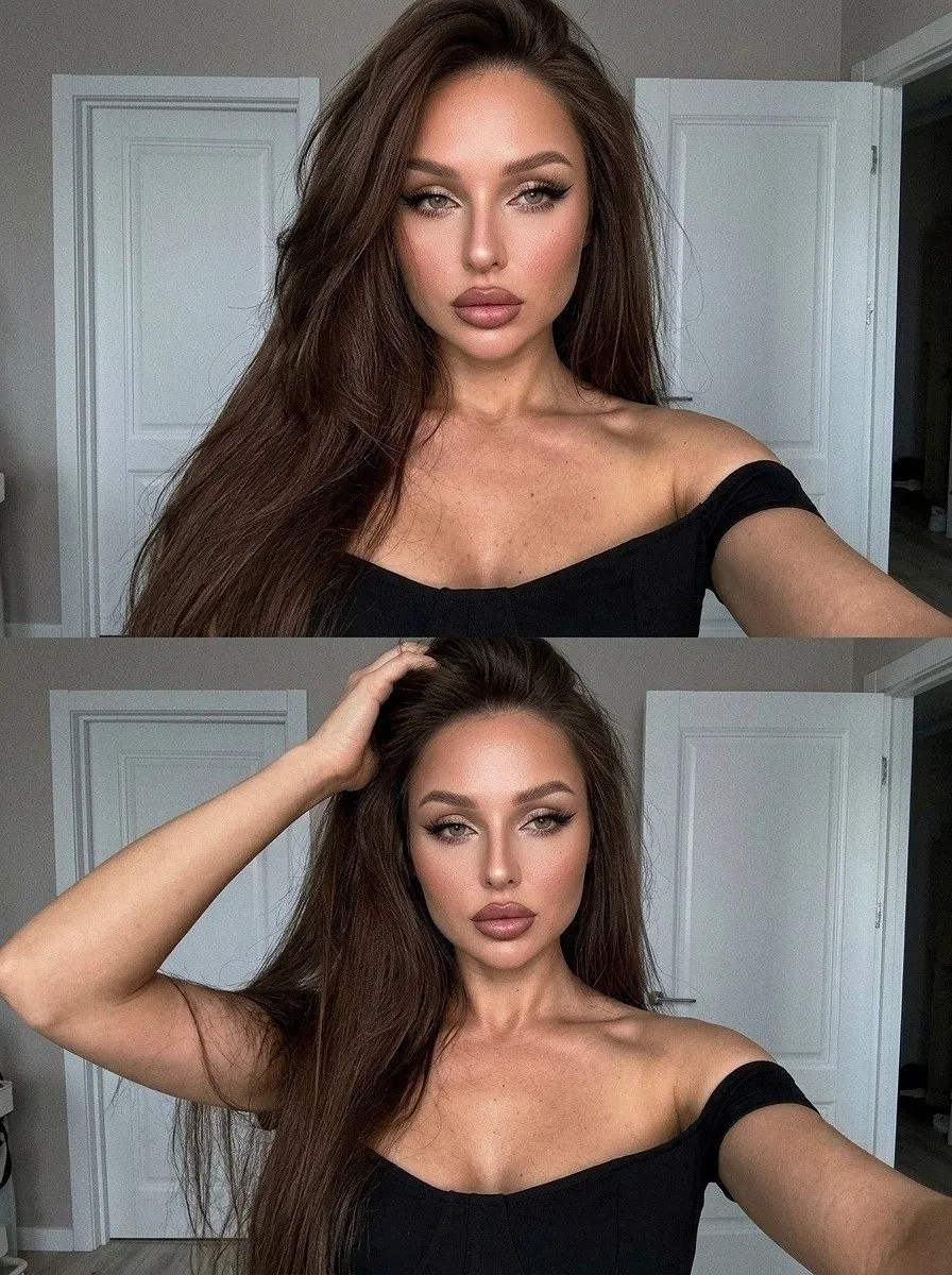 Girl Selfie Split Screen Black Top Home Interior
