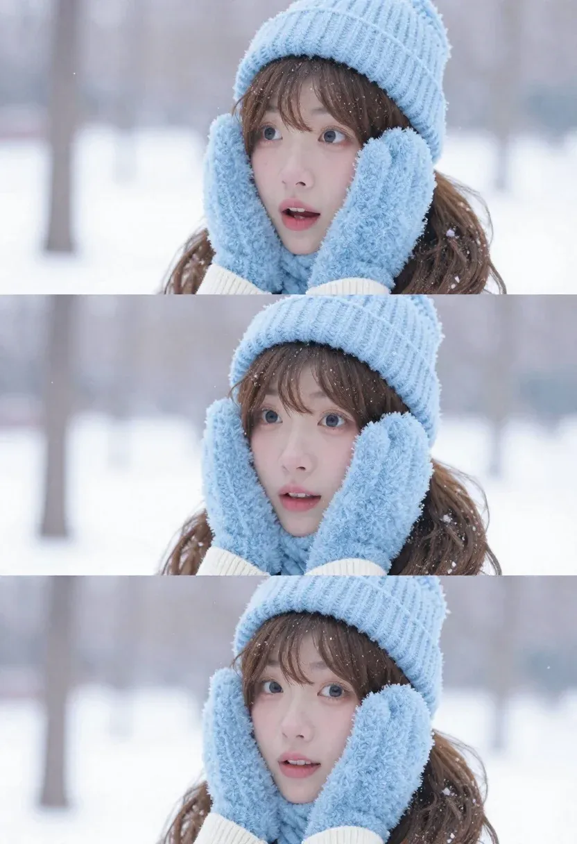 Young Woman With Long Brown Hair Stands Snowy Winter Landscape