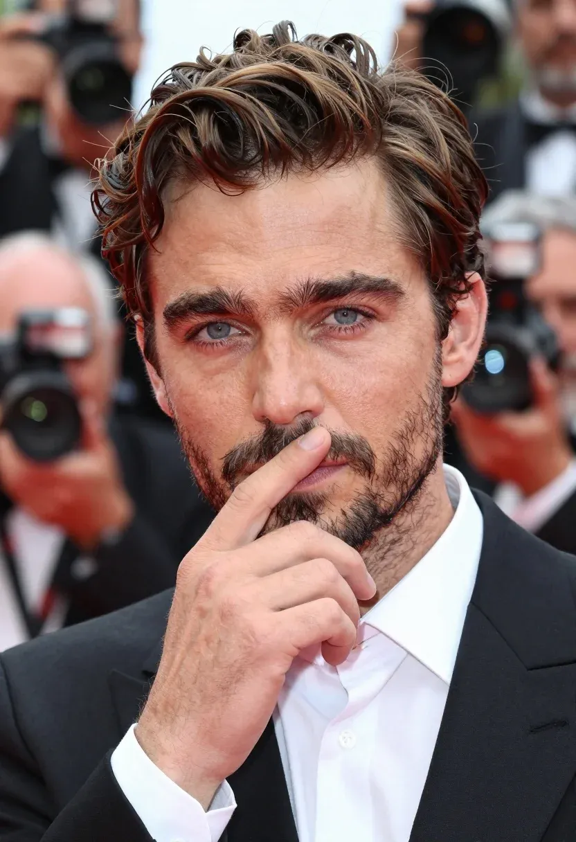 Close-up Portrait Man With Wavy Brown Hair And Blue Eyes