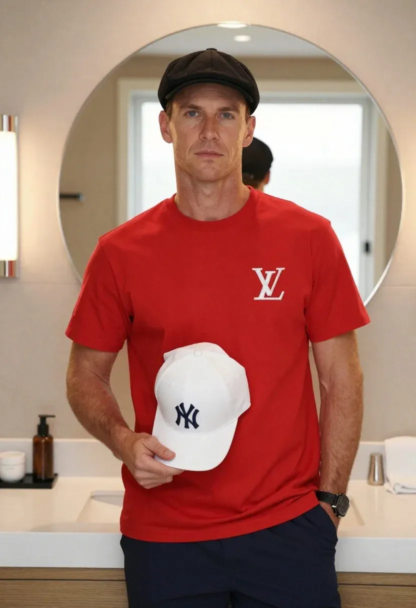 Man Stands Bathroom Holding White Baseball Cap Against His Red