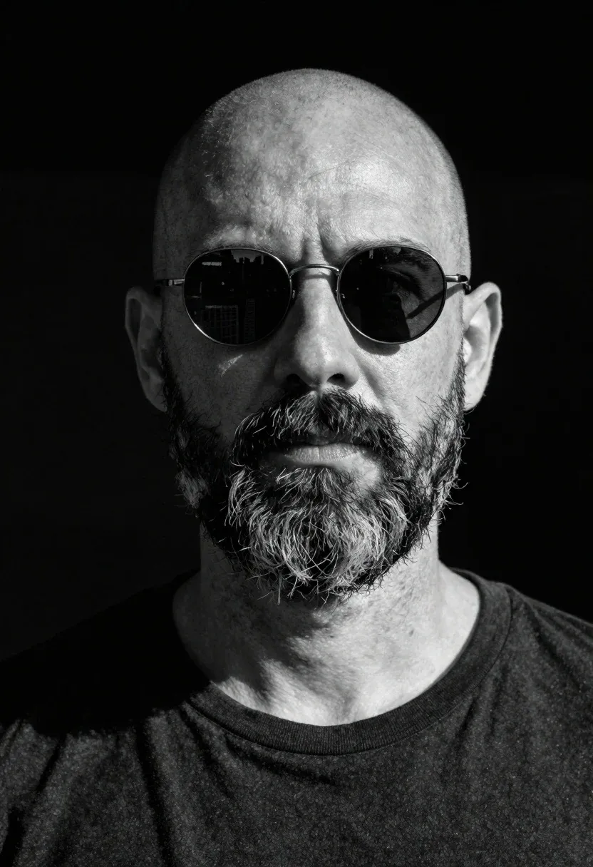 High Contrast Black And White Portrait Bald Man With Full