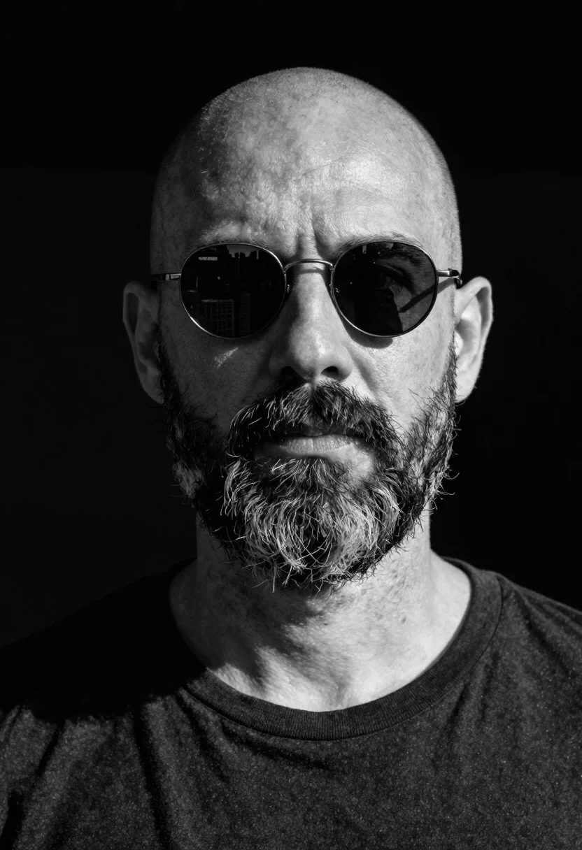 High Contrast Black And White Portrait Bald Man With Full reference photo