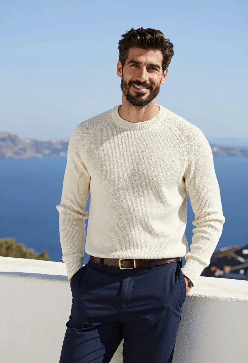 Handsome Man With Dark Hair And Beard Stands Confidently Outdoors