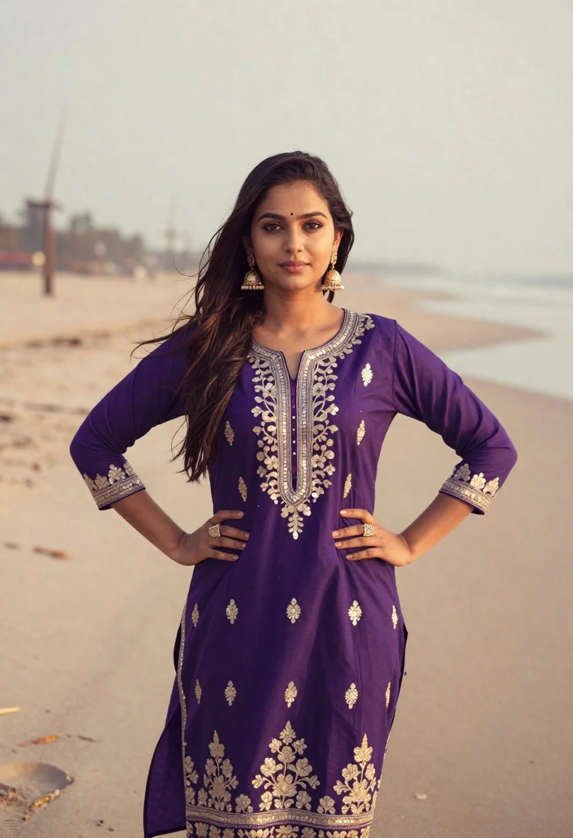 Confident Young Woman Stands Sandy Beach Wearing Vibrant Purple Traditional reference photo