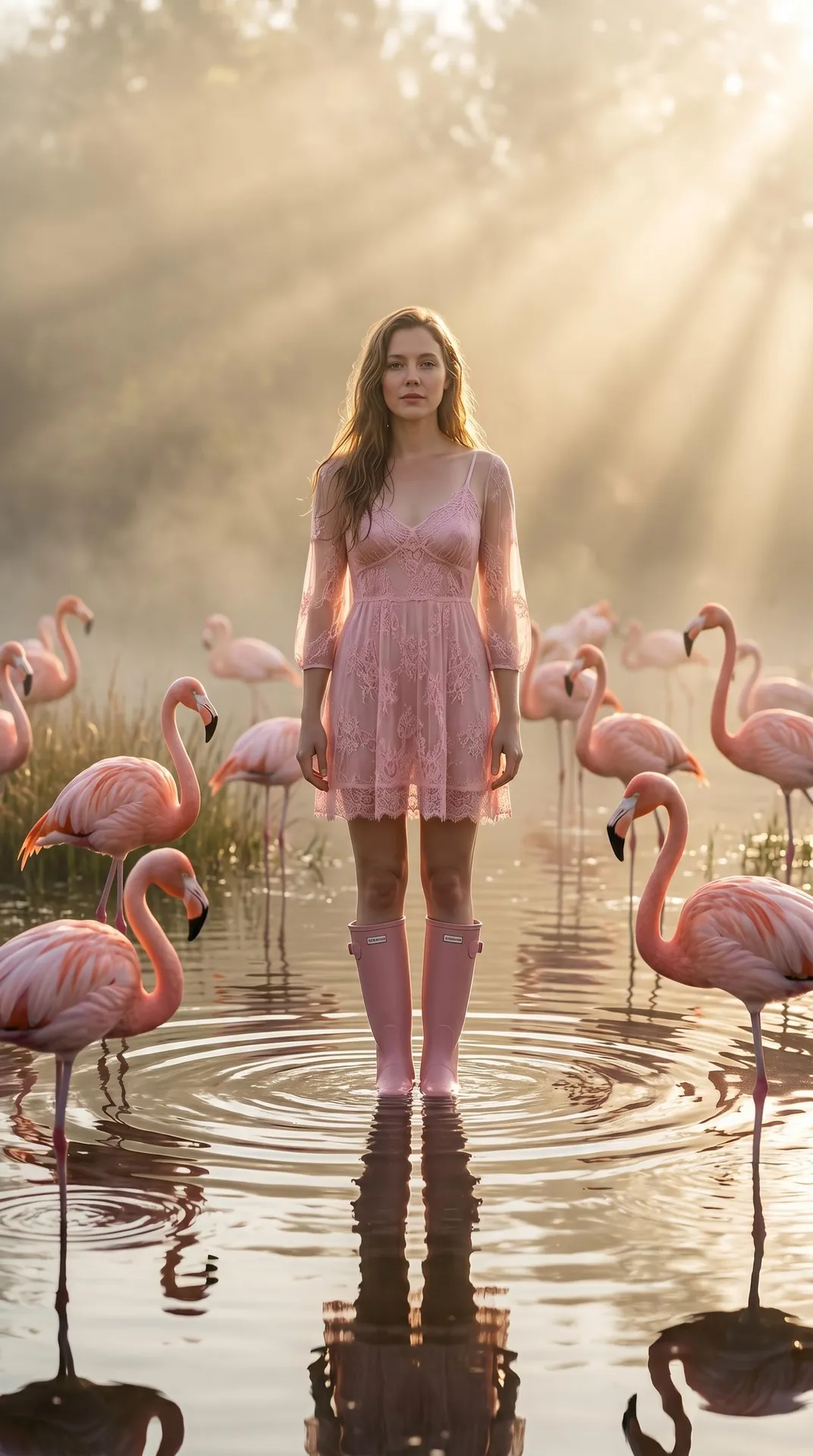 Marshland Pink Flamingos Morning Light Fashion Editorial