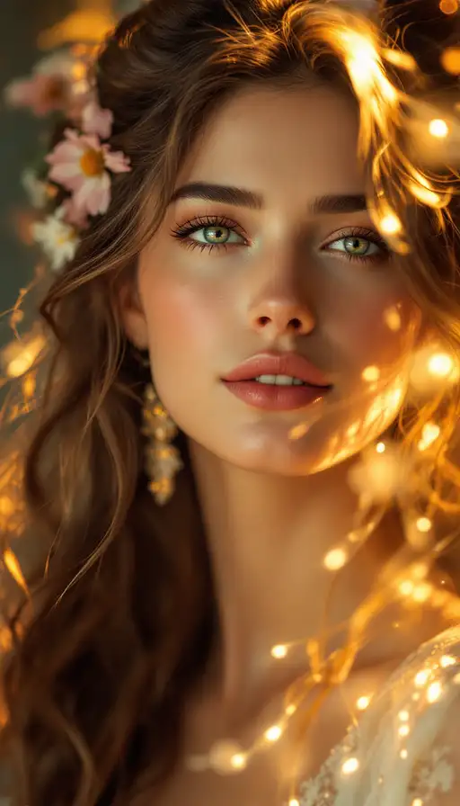 A breathtaking fine-art portrait showcasing a person with luminous skin and warm golden light.