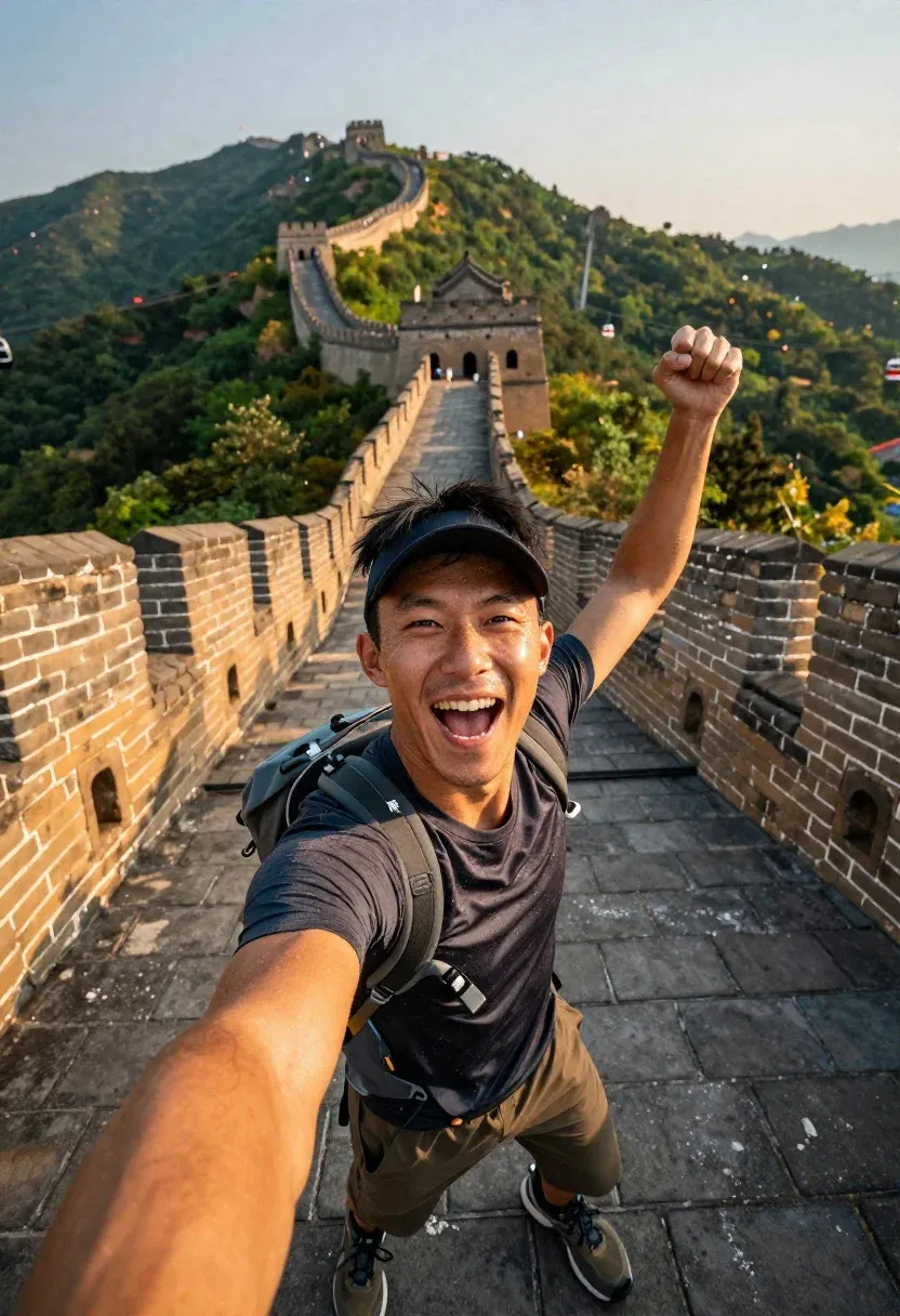 Serpentine Ancient Wall Selfie Scene Exhilarated Tourist Man Conquering China